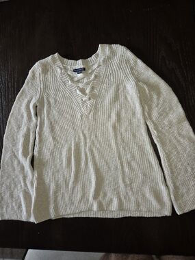 American Eagle Outfitters Ivory Lace-Up V-Neck Knit Sweater